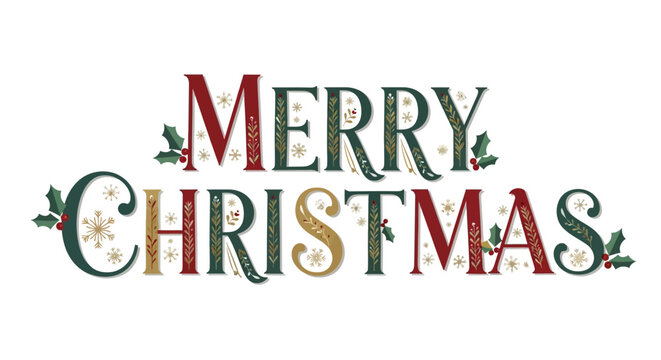 A beautifully designed 'Merry Christmas' text in traditional festive colors, adorned with elegant holly leaves and delicate golden snowflakes, ideal for holiday greetings.