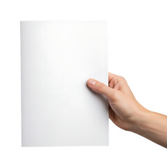 Hand holding a blank white paper isolated on transparent background