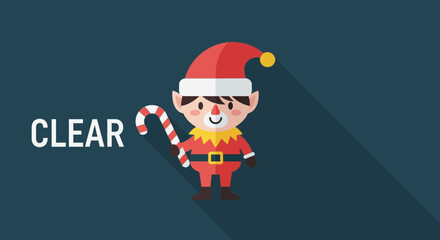 A delightful flat design Christmas elf character, wearing a festive red suit and hat, holds a candy cane against a dark blue background, perfect for holiday cheer.