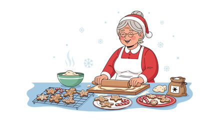 A cheerful elderly woman, resembling Mrs. Claus, joyfully bakes festive gingerbread cookies on a snowy winter day, preparing delicious holiday treats.