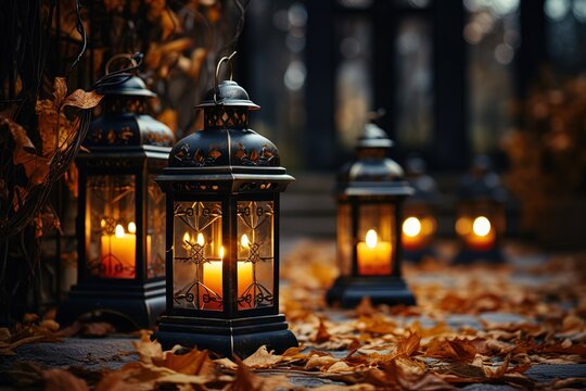 close-up group of candles in lanterns are lit on path of autumn leaves