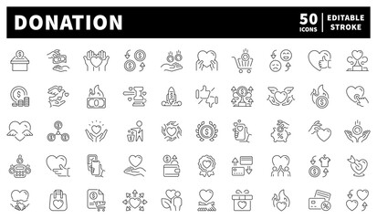Donation and charity icons set. editable line icons, linear nonprofit symbols