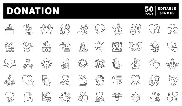 Donation and charity icons set. editable line icons, linear nonprofit symbols