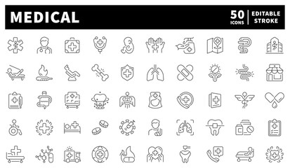 Medical icons set. editable line icons, outline style for healthcare and hospitals