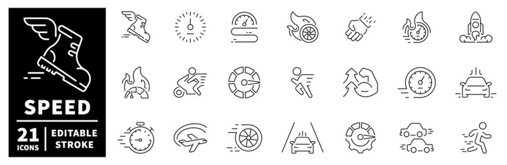 Speed and motion icons set. editable line icons, outline, fast and dynamic symbols
