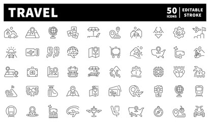Travel and tourism icons set. editable line icons, linear, vacation symbols