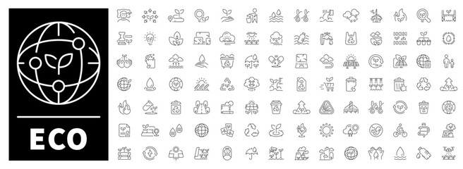 Fototapeta premium Eco and nature icons set. editable line icons, outline, environmental, green symbols