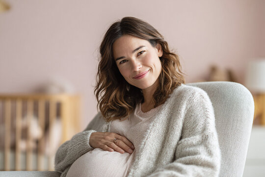 Serene portrait of a radiant pregnant woman in a cozy nursery. Captures motherhoods joy, anticipation, and comfort. Perfect for family, health, and lifestyle themes. - Powered by Adobe