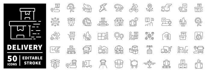 Delivery and shipping icons set. editable line icons, outline, logistics symbols