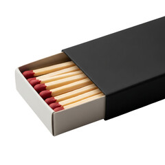 Black matchbox with red tipped matches isolated on transparent background