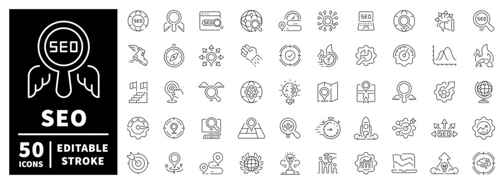 Seo and marketing icons set. editable line icons, analytics and strategy symbols