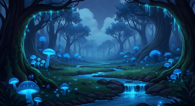 A magical glowing forest scene illuminated by bioluminescent mushrooms and mystical blue light, creating an enchanting and surreal atmosphere at night