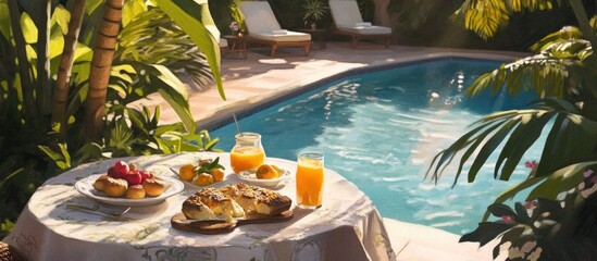 Outdoor Breakfast by a Sparkling Pool with Fresh Fruit and Juice in a Sunny Tropical Setting