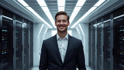 A confident businessman stands proudly within a cuttingedge modern data center - Powered by Adobe