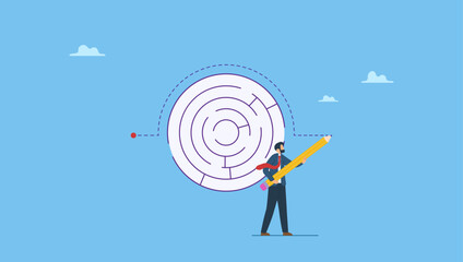 Businessman genius draw workaround line to solve labyrinth. Workaround or solution to bypass problem or difficulty, creativity to overcome obstacle or solving business problem, avoiding path.