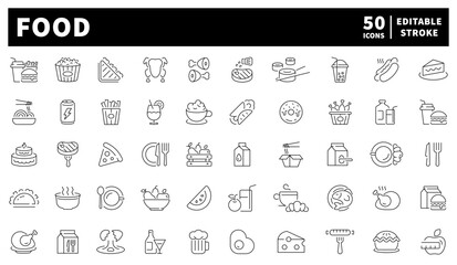 Food icons set. editable line icons, outline, culinary, drink and meal symbols