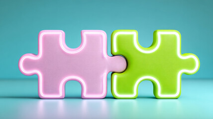 Fototapeta premium Neon puzzle pieces fitting together symbolizing connection.
