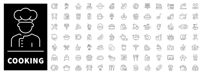Cooking and kitchen icons set. editable line icons, outline, culinary symbols