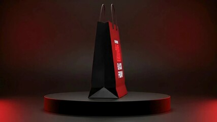 3D Black Friday Sale Shopping Bag Animation with Red Neon November 28 Date on Dark Podium Loop
