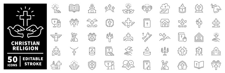 Christian religion icons set. editable line icons, outline, faith and worship symbols