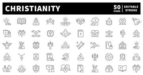 Christianity icons set. editable line icons, outline, spirituality and faith symbols