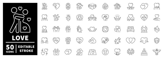 Love and relationship icons set. editable line icons, outline, affection symbols