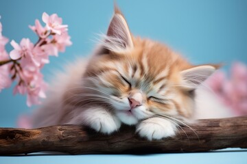 cute cat is sleeping on branch of cherry blossom tree. cat curled up and he is in peaceful state. Concept of tranquility and relaxation