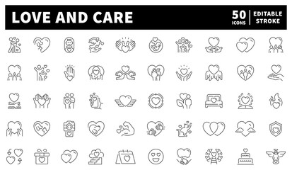Love and care icons set. line, editable line icons for compassion and support