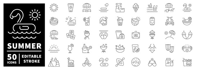 Summer and pool icons set. line, editable line icons, beach, vacation symbols