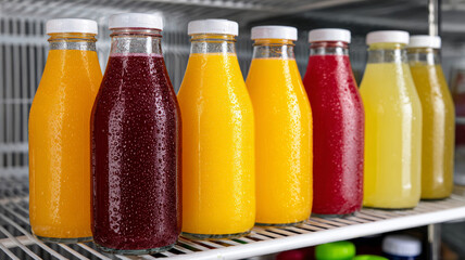 Assorted colorful juice bottles on a fridge shelf.