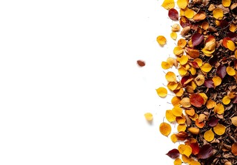 Dried colorful flower petals scattered on white background  