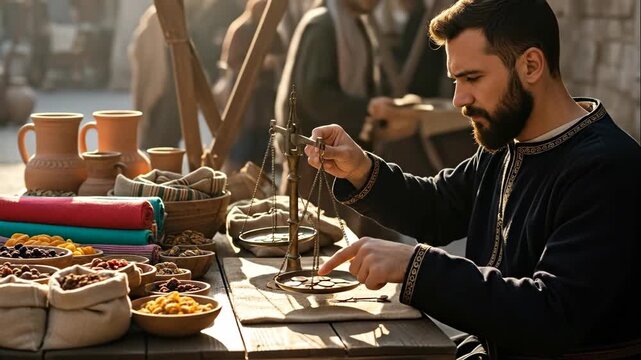 Man using balance scale to weigh goods at bustling outdoor market with terracotta pottery and colorful fabrics, historical reenactment footage.
