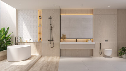 Contemporary minimalist bathroom with hexagon wall tiles, wooden textures, with bathhub and elegant design. Warm natural tones and clean modern style.3drender