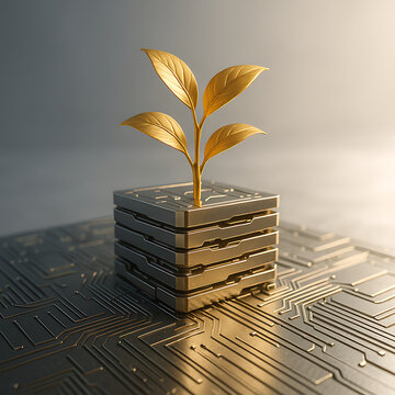 Golden sprout emerging from tech, symbolizing innovation, growth, and sustainable technology solutions for a greener future in the digital age