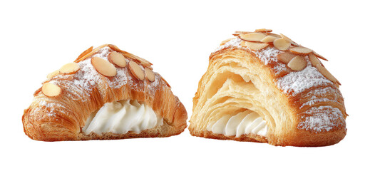 Croissant with cream filling, sliced in half, topped with almonds