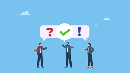 Business people asking question and answer to solve problem. FAQ, question and answer, solution to solve problem, business advice or help and support service, communication or team brainstorm.