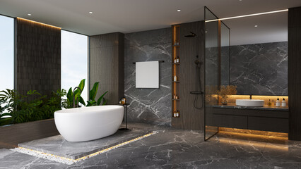 Contemporary luxury bathroom featuring marble tiles, wooden accents, glass shower, and warm lighting. A stylish and cozy modern space for relaxation..3drender