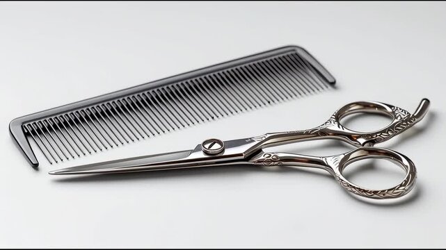 Studio shot of hair comb and scissors on clean white surface, barbershop concept.