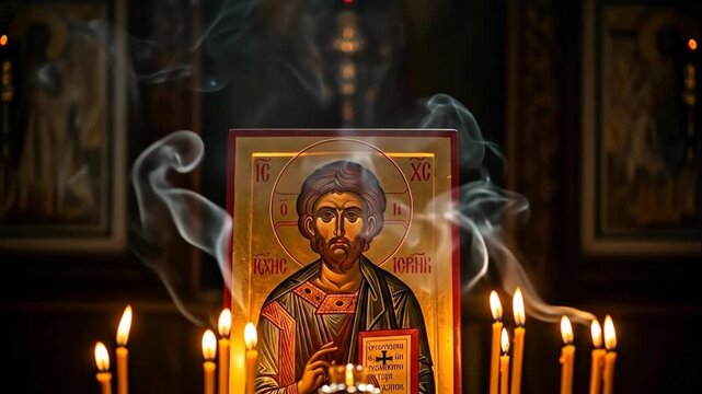 Orthodox christian icon of a saint with candles and incense smoke in a church, religion and spirituality footage