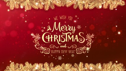 Gold Christmas and New Year Typographical on red Xmas background with winter landscape with snowflakes, light, stars. Merry Christmas card. Vector Illustration