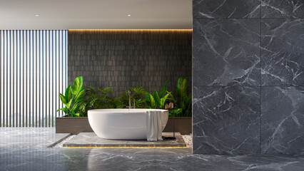 Luxury bathroom with freestanding tub, grey marble floor, and dark wood elements. 3D rendering.