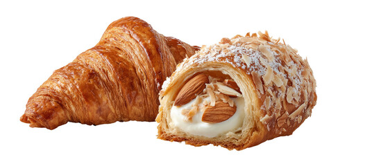 Golden pastries, one plain, one with cream, almonds, and sugar