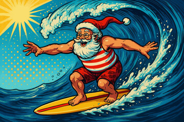 Obraz premium Santa Claus riding a big wave on a yellow surfboard, wearing beach clothes and a Santa hat under the sun. Generative ai vector colorful pop art illustration.