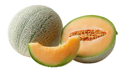 Two cantaloupes, one whole and one cut, with a slice
