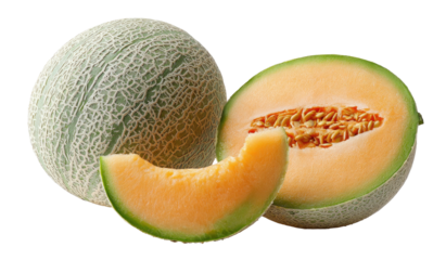 Two cantaloupes, one whole and one cut, with a slice