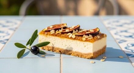 A slice of cheesecake topped with sliced figs and oats, garnished with an olive branch and berry, placed on a tiled surface, outdoor setting