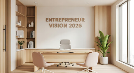 Professional corporate interior design concept with light wood accents and a central message of "ENTREPRENEUR VISION 2026" for leadership and growth.