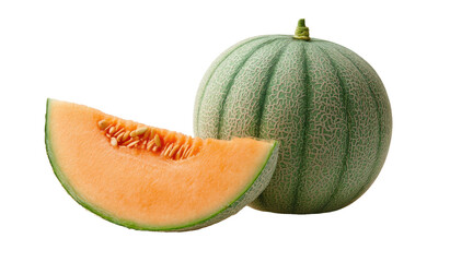 Cantaloupe whole and sliced, showing orange flesh and seeds