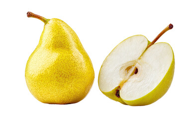 Whole yellow pear beside a sliced ripe pear, isolated on black