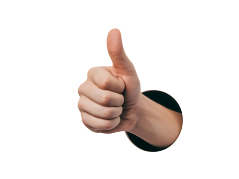 Isolated hand giving a thumbs up gesture perfect for design use on transparent background.